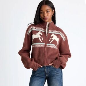 NWT Lulu's Duchess Brown Horse Print Zip-Front Sweater